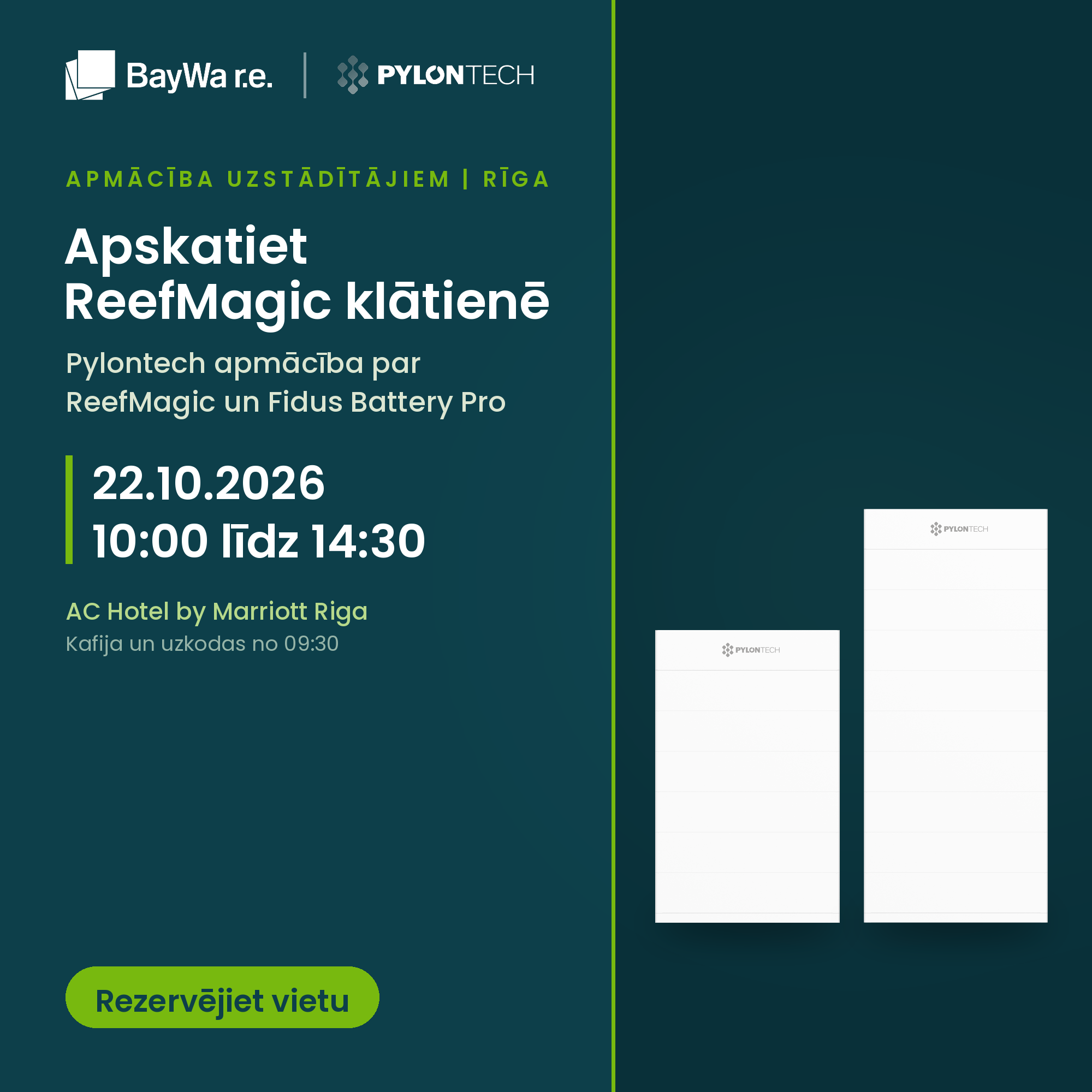 Pylontech tehniskās apmācības Rīgā: iepazīstiet ReefMagic un Fidus Battery Pro