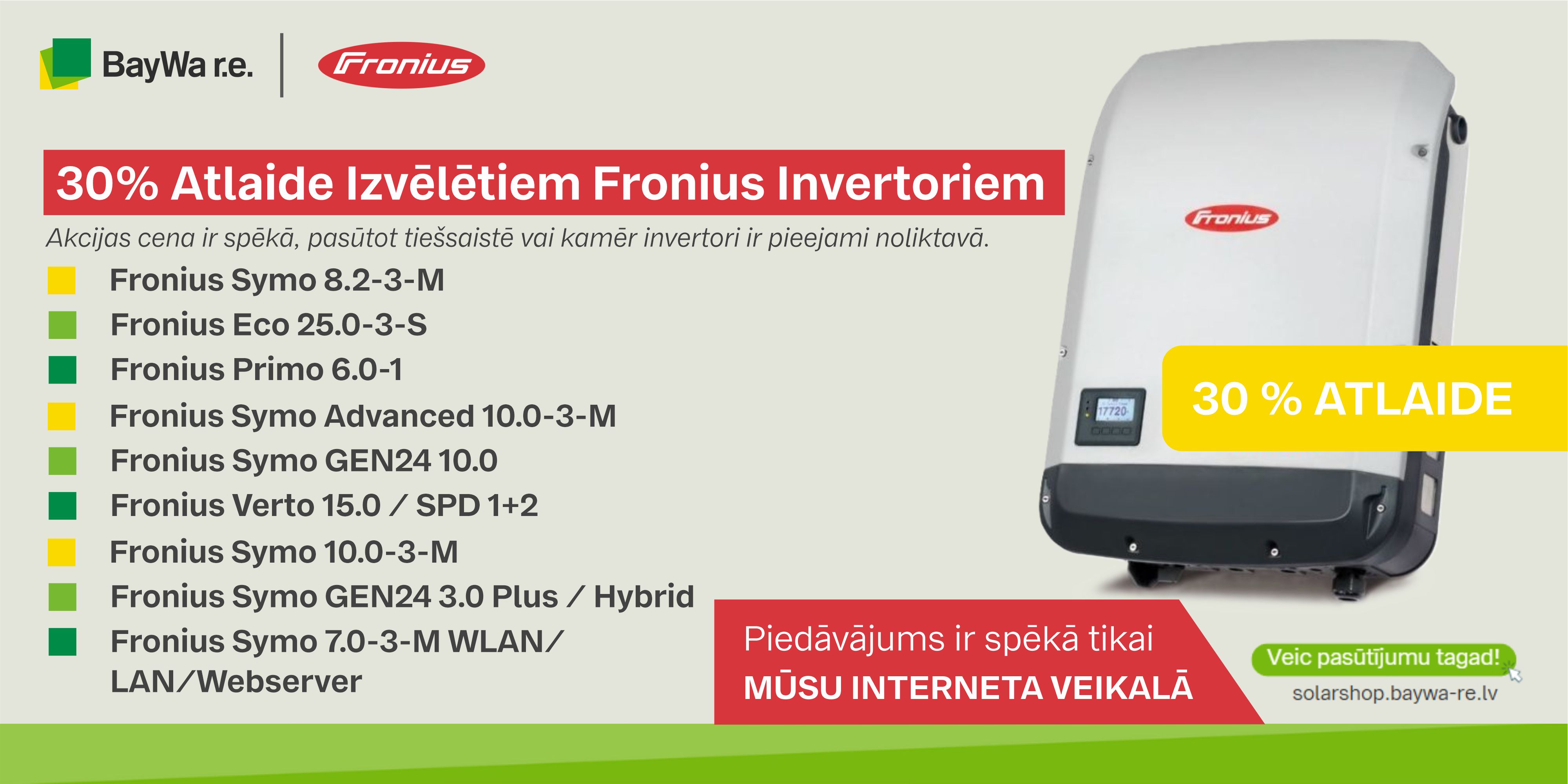 30% Atlaide Izvēlētiem Fronius Invertoriem
