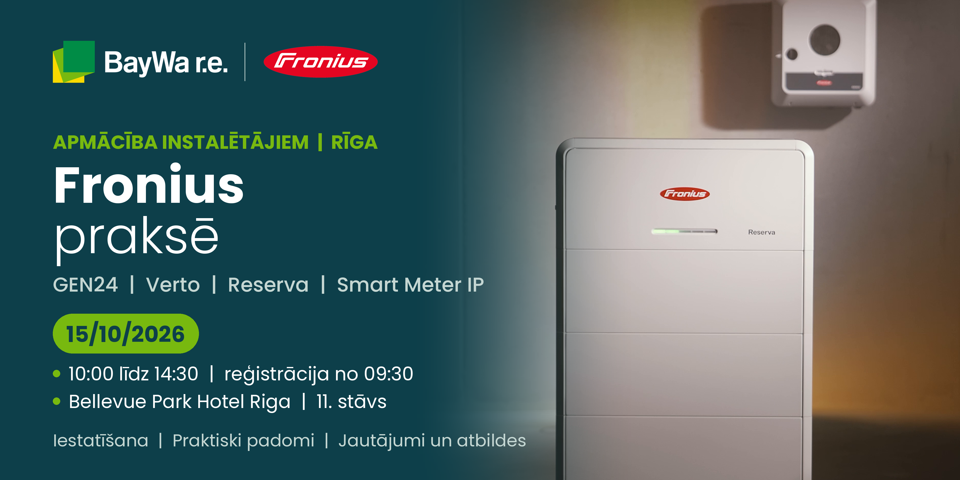 Fronius apmācība instalētājiem Rīgā: GEN24, Verto, Reserva un Smart Meter IP praksē