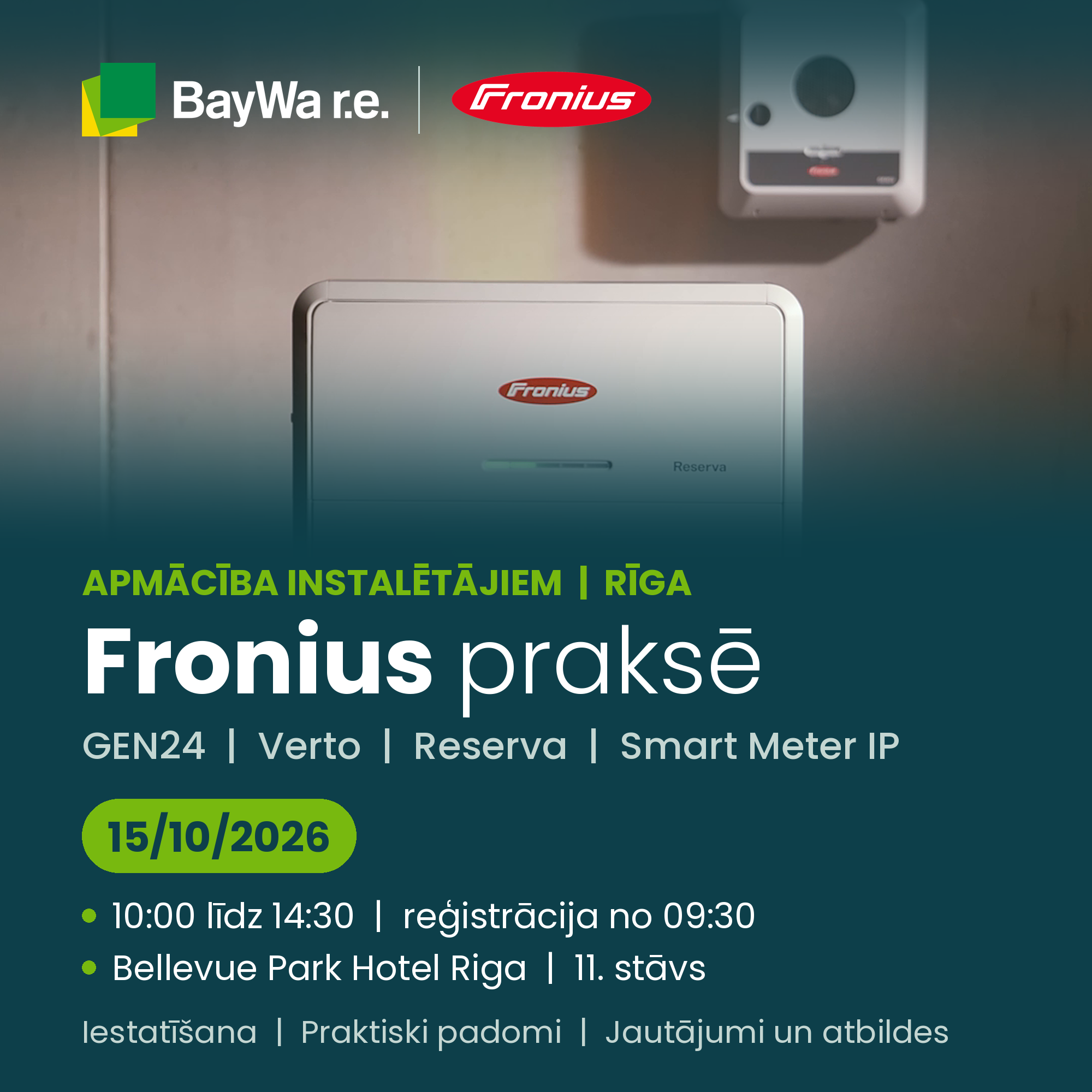 Fronius apmācība instalētājiem Rīgā: GEN24, Verto, Reserva un Smart Meter IP praksē