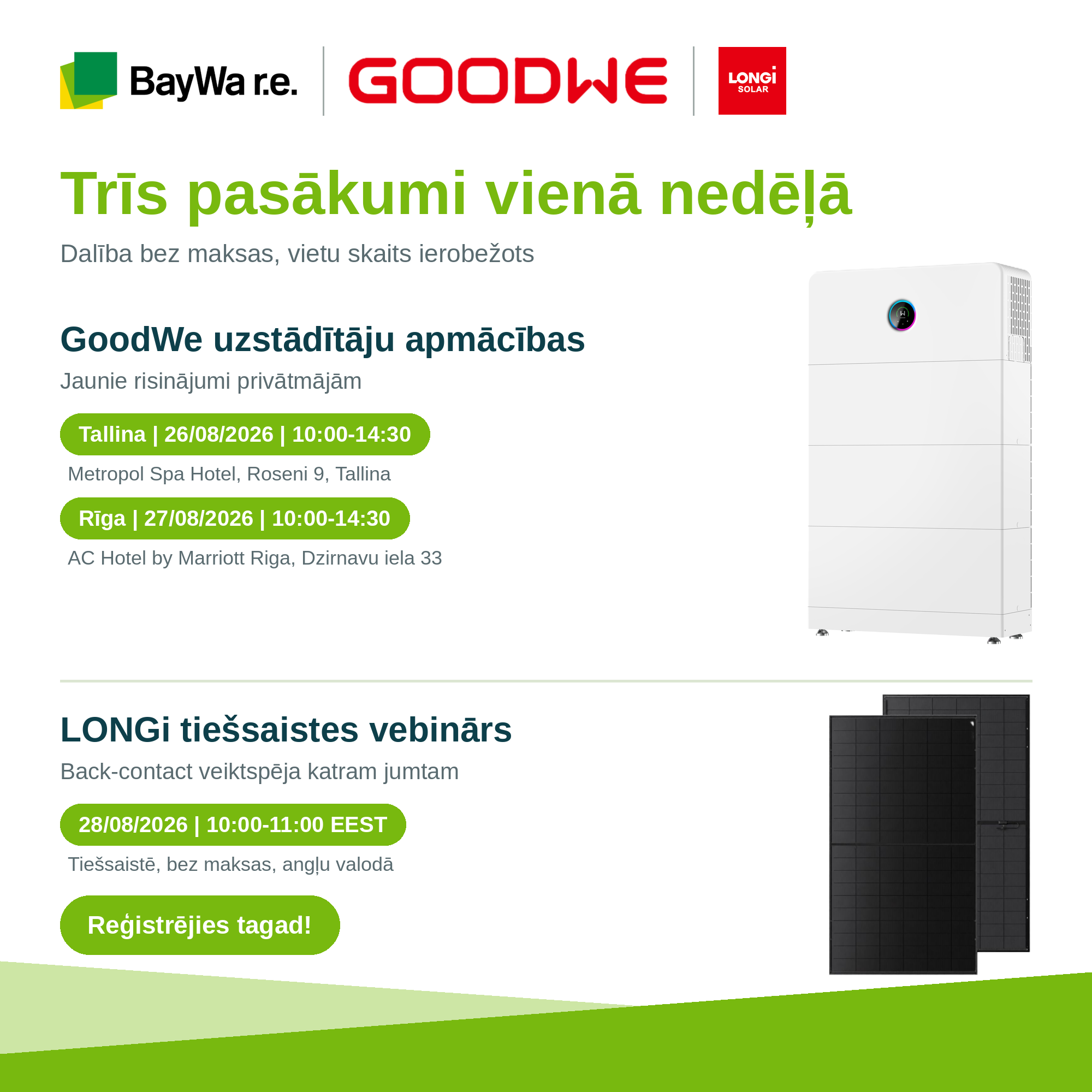 Trīs partneru pasākumi vienā nedēļā: GoodWe apmācības Tallinā un Rīgā, LONGi vebinārs tiešsaistē
