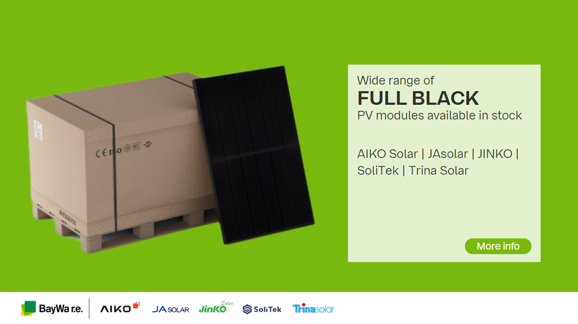 Wide range of FULL BLACK PV modules available in stock - AIKO Solar | JAsolar | JINKO | SoliTek | Trina Solar